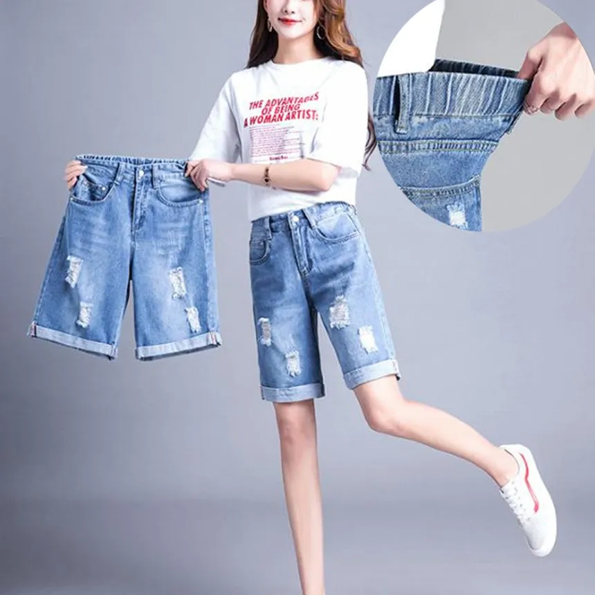 

짱편해 뒷밴딩 5부 데님팬츠 허리밴딩 청바지 청팬츠 반바지 5부 여름 뒷밴딩 빈티지 여름 봄 가을 여성 여자 찢어진 빅사이즈 연청 진청