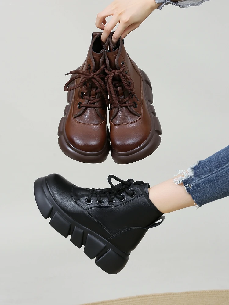 

Women's Boots Autumn Flat Heel Shoes Round Toe Lolita Genuine Ladies Leather Med Ankle Rock Lace-Up Microfiber Solid Fabric Rom