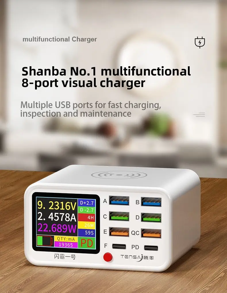 Multi Function Charger Station with 1.8-inch LED Screen 8 Port USB QC3.0 USB-C PD 20W and 15W Wireless Fast Charging