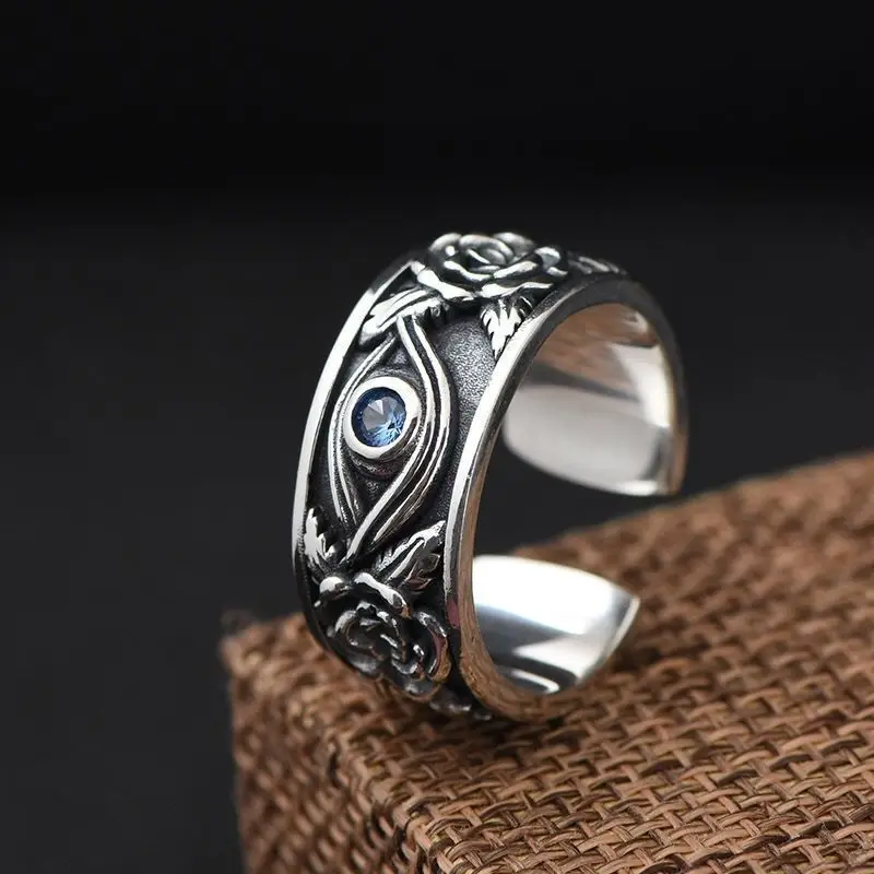

PANJBJ 925 Stamp Silver Color Eyes Ring For Man Birthday Gift Flower Retro Hip Hop Jewelry Dropship