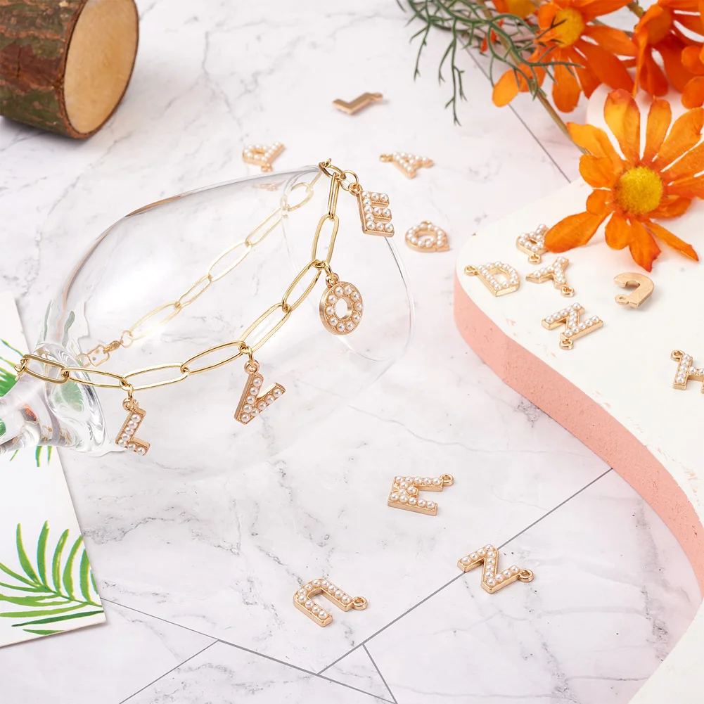 52pcs Alphabet Zinc Alloy Pendant Letter A-Z with Imitation Plastic Pearl Bead Charms for Dangle Earring Necklace Jewelry Making