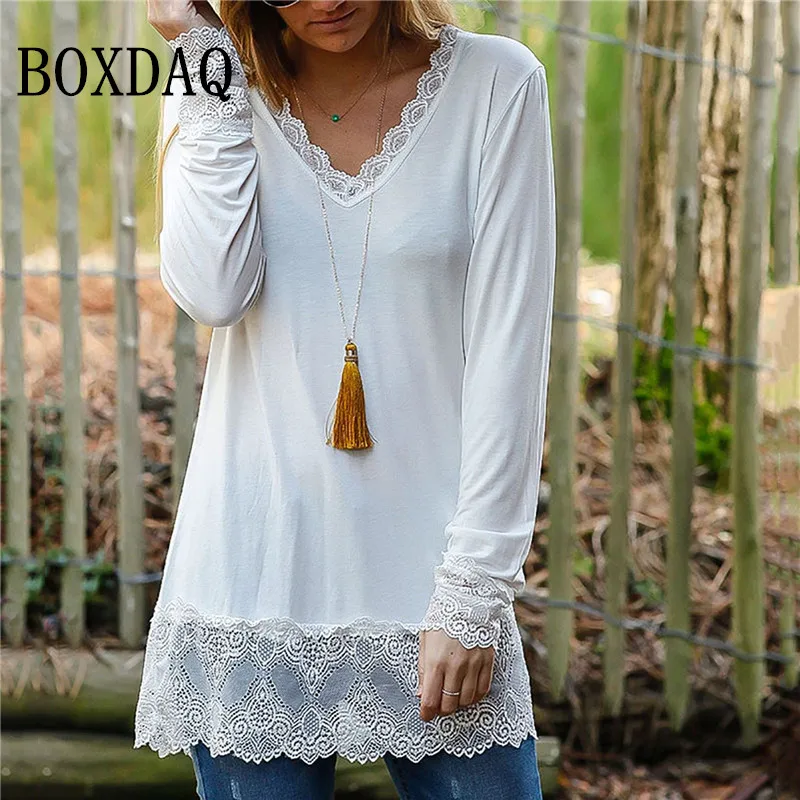 

2022 New Women V-Neck Lace Chain Link Spliced T Shirts Elegant Sweet Autumn Long Sleeve Loose Shirt Casual Lady Black White Tops