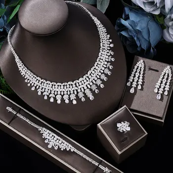 Ingenious 4pcs Bridal Zirconia Full Jewelry Sets For Women Party, Luxury Dubai Nigeria CZ Crystal Wedding Jewelry Sets 1