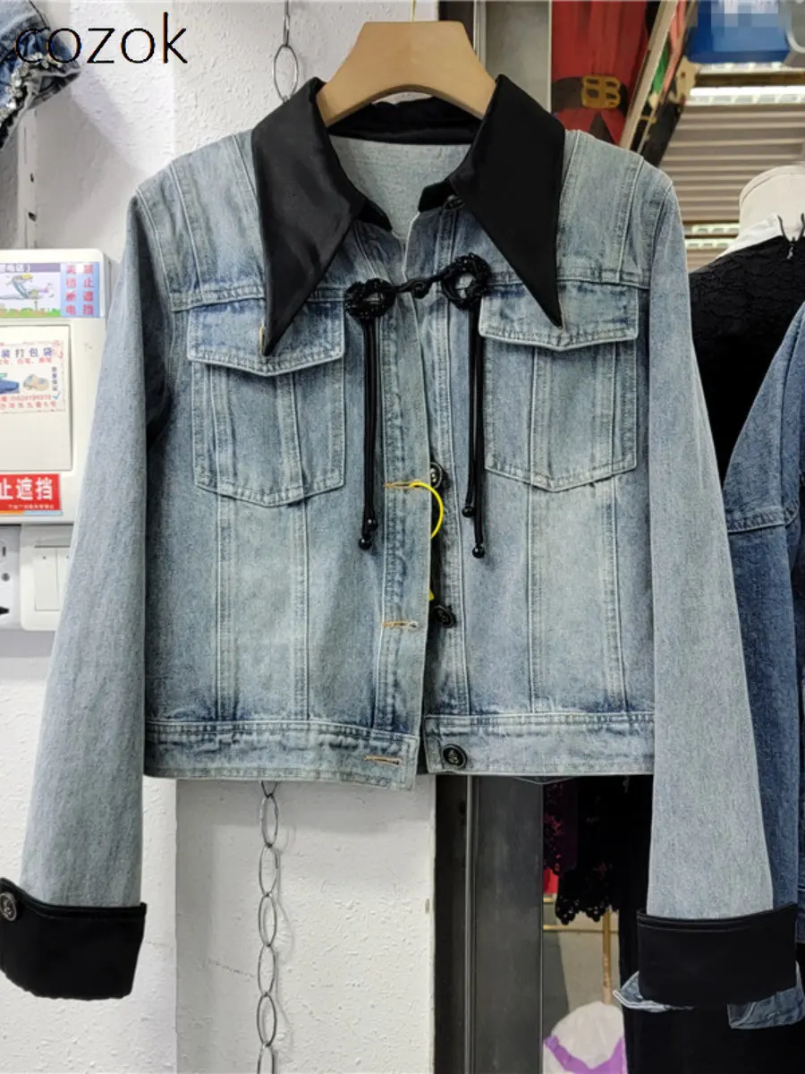 

European Station 2023 Spring New Fashion Denim Jacket Short Streetwear Slim Chinese Knot Button coat Women Casual Jackets