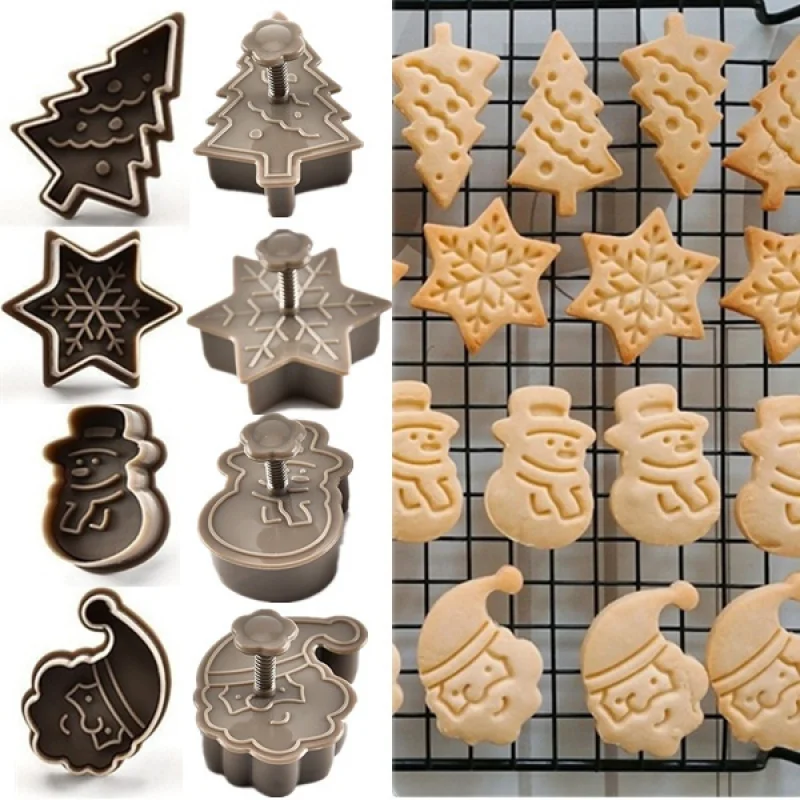 

4Pcs/set Plastic Cookie Baking Moulds (Snowman/snowflake/christmas Tree/santa Claus Pattern Baking Molds) baking accessories