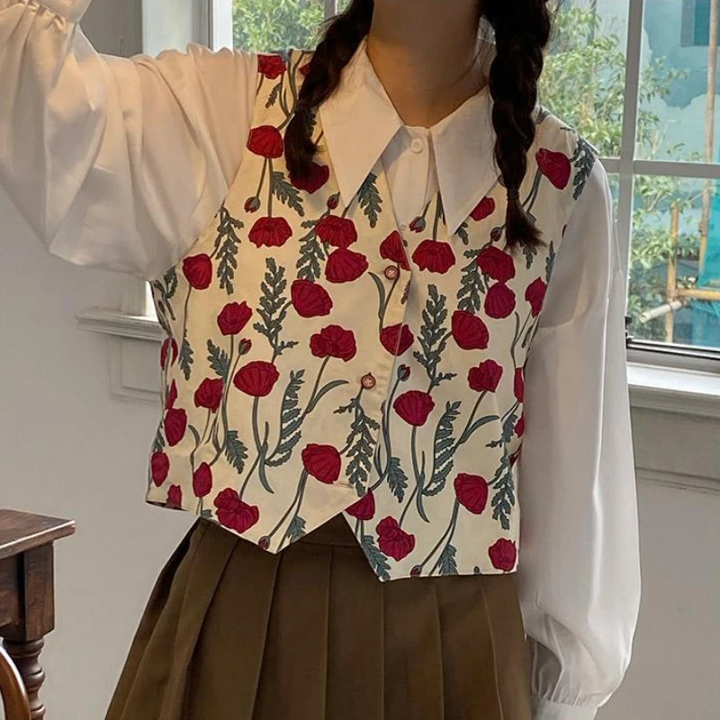 

Vintage Vest Women Floral Print Cropped Outwear Harajuku Retro V Neck Casual Cardigan Streetwear Sweet Waistcoat Tank Tops New