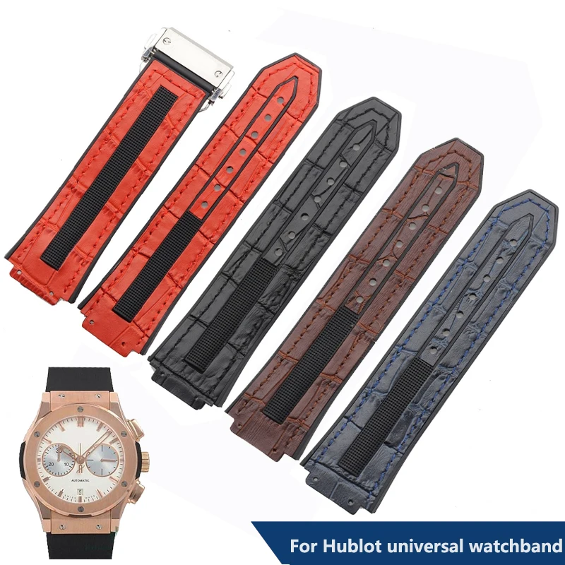 For TPU Tape Hublot Yubo Watchband Genuine Leather Watch Strap 25mm *17mm Stainless Steel Folding Buckle Men's Big Bang Series