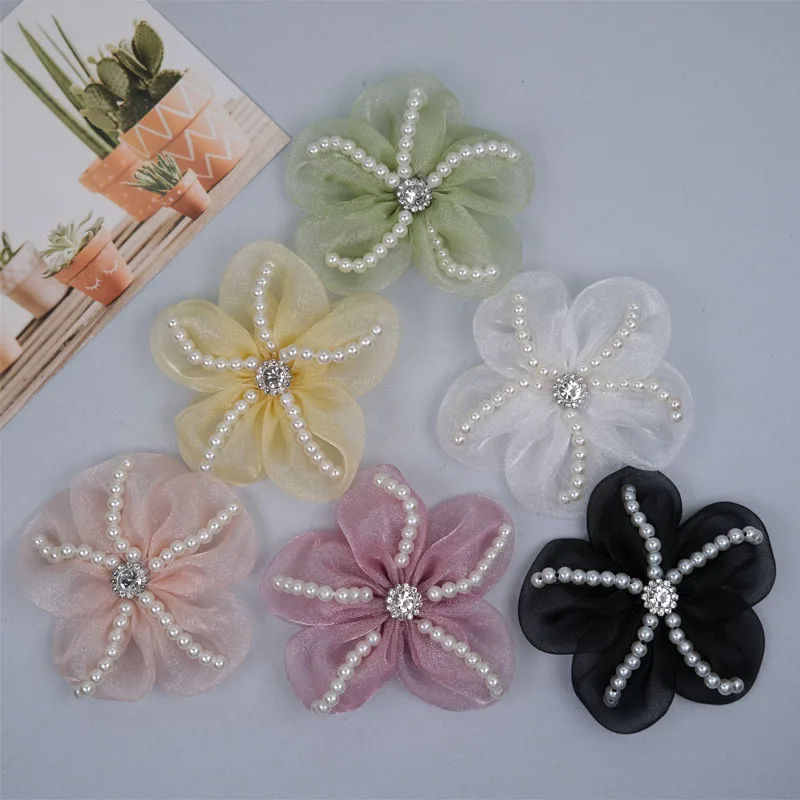 

NEW 3D Five-petal pearl Flower organza patches Sew on DIY sewing Sticker applique cloth wedding dress Hairpin headdress decor