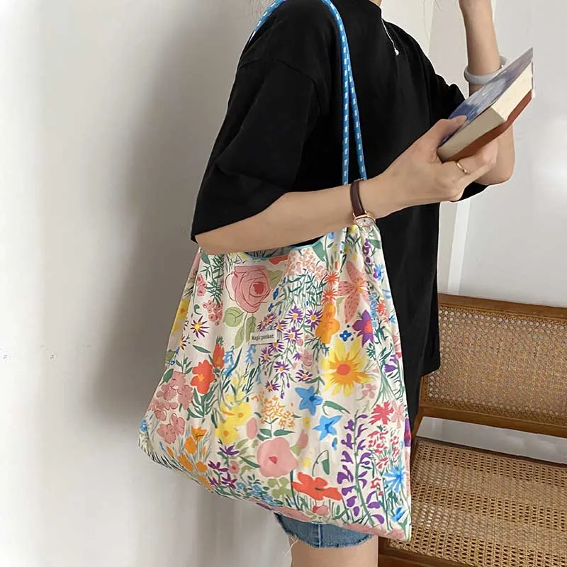 

ISKYBOB Casual Tote Bags Women Shoulder Bag Reusable Floral Canvas Large Capacity Shopping Bags Handbags Eco Organizer 2023 New