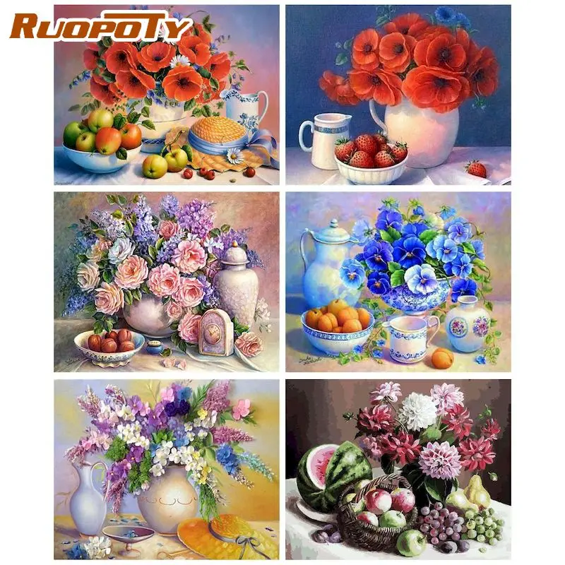 

RUOPOTY Modern Painting By Numbers On Canvas Handmade Paintings On Number Flowers For Adults Wall Art Picture Drawing