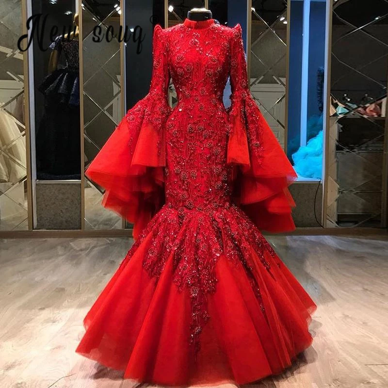 

luxurious Red Full Lace Beaded Evening Dress Muslim Dubai Style Mermaid Long Sleeve Prom Party Gowns Women Bridal Dresses Plus