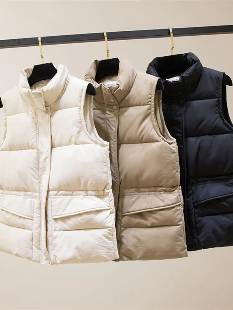 

Women's Casual Solid Chic Short Vest Parka Sleeveless Stand Collar All Match Jacket For Ladies Fashion Zipper Warm Winter Coat