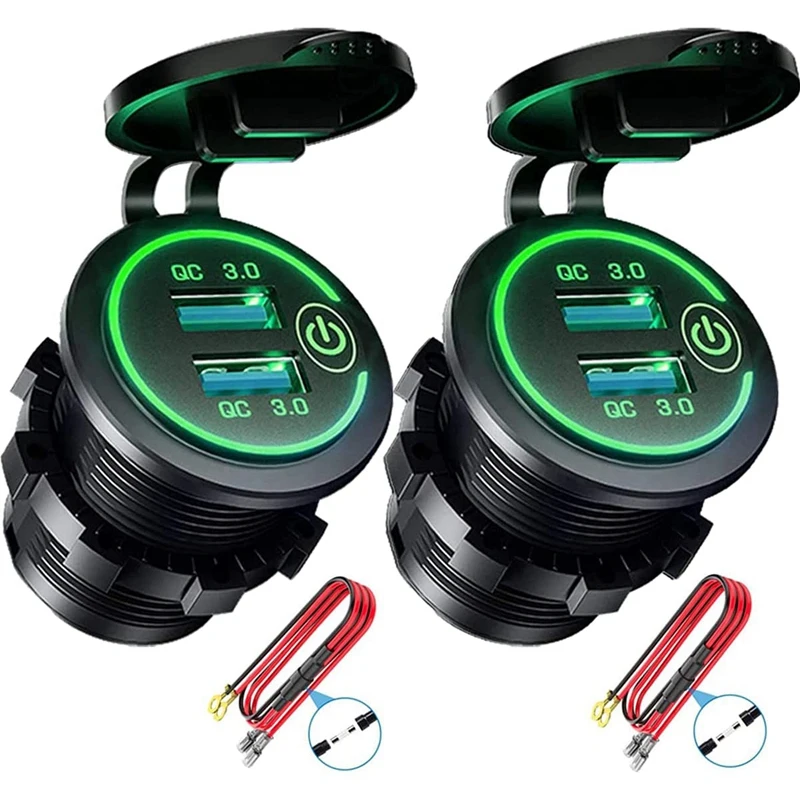 

QC 3.0 Dual USB Charger Socket,Waterproof 12V/24V USB Outlet with Press Switch for Car, Marine,RV,Motorcycle 2Pack