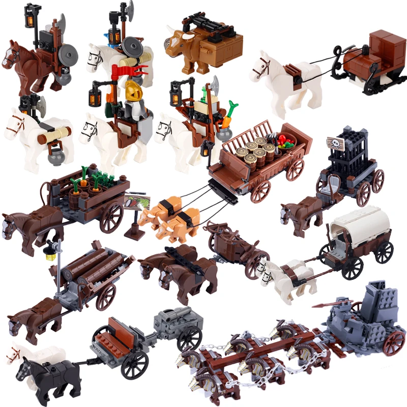 MOC средневековый военный боевой конь строительные блоки замок рыцарь сани бычья