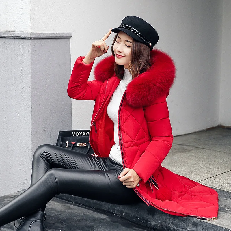 

New Fashion Mid-length Winter Cotton Padded Parkas Women Hooded Big Fur Collar Slim Down Jackets Ladies Solid Zipper Warm Coats