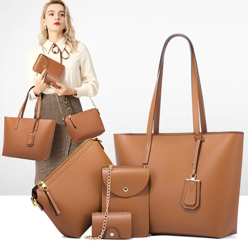 

4Pcs Women Faux Leather Large Handbag Set Lady Casual Crossbody Phone Bag Simple Design Shoulder Satchel Tote Card Holder Purse