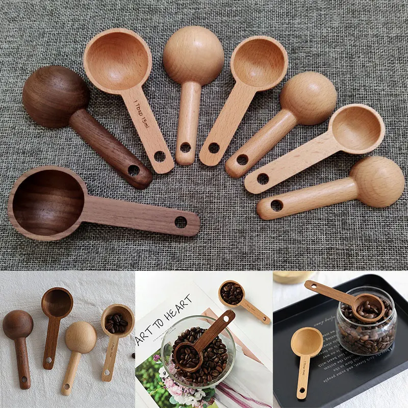 

1PC Walnut Beech Measuring Spoon Wooden Short Handle Handle Kitchen Long Tool Household Coffee Seasoning Spoon Black Spoons