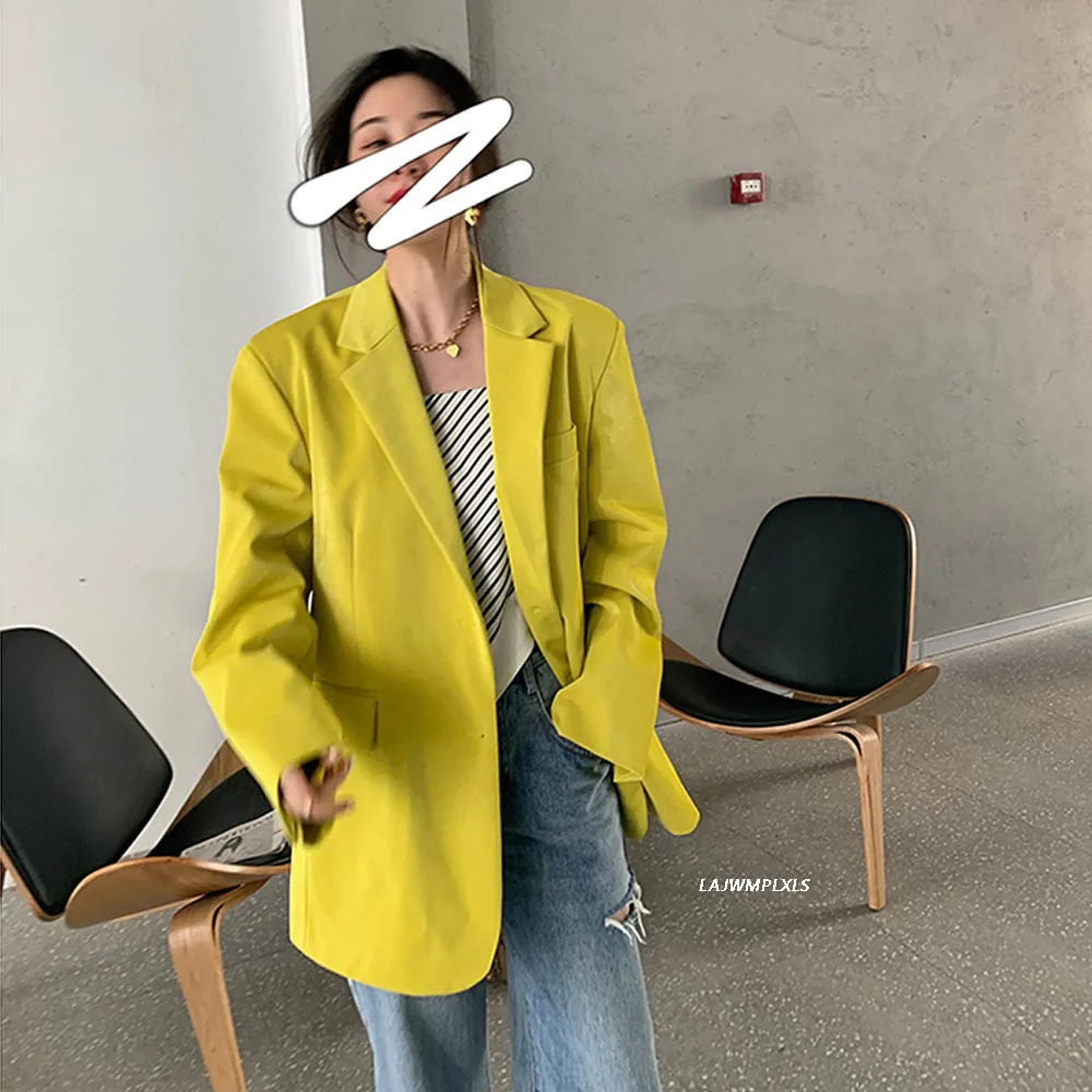 2022 New Spring Bright Yellow Loose Casual PU Leather Jacket Suit Jacket Coat women Vintage Streetwear Clothing