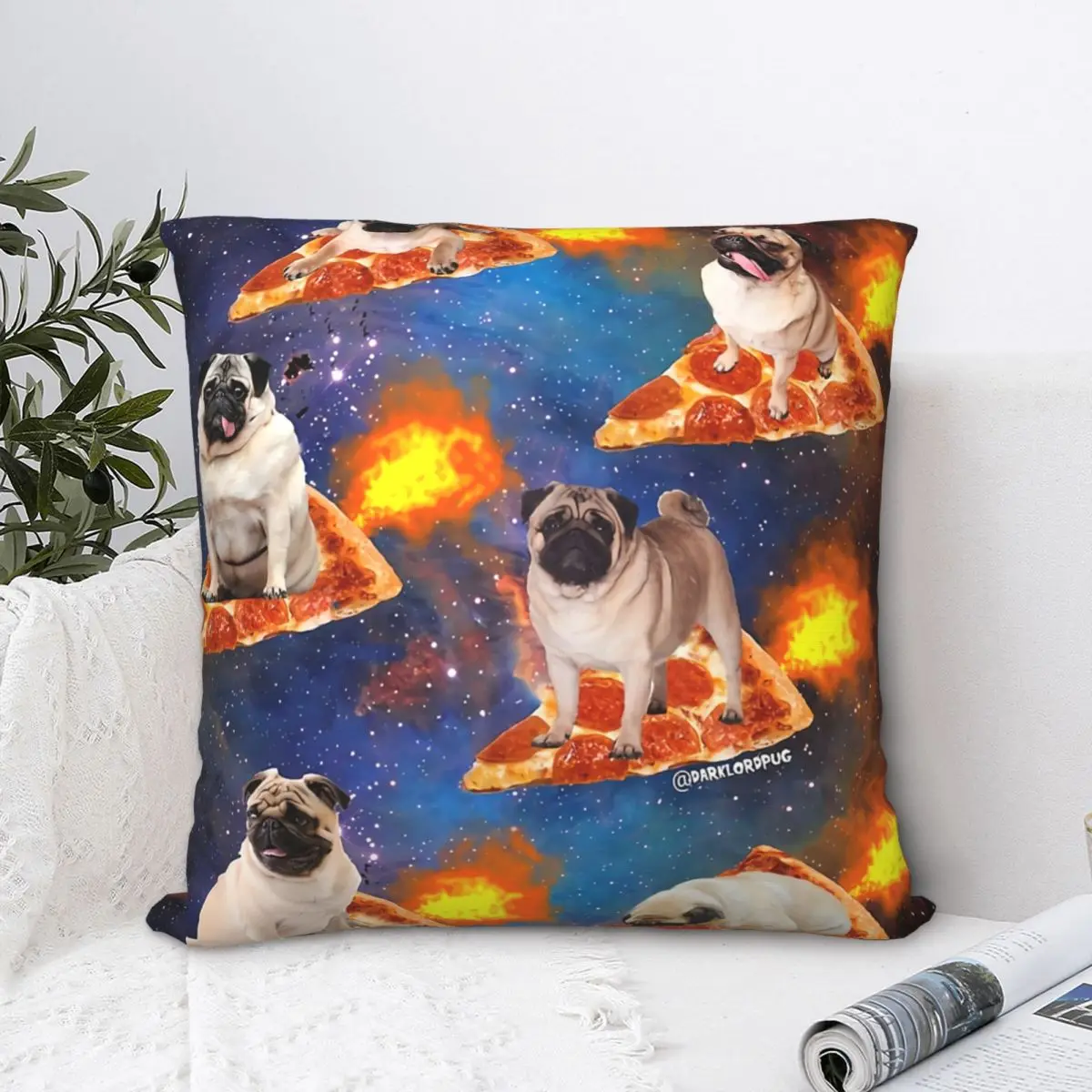 

Pugs In Space Riding Pizza Throw Pillow Case Meme Backpack Cojines Case DIY Printed Washable For Home Decor