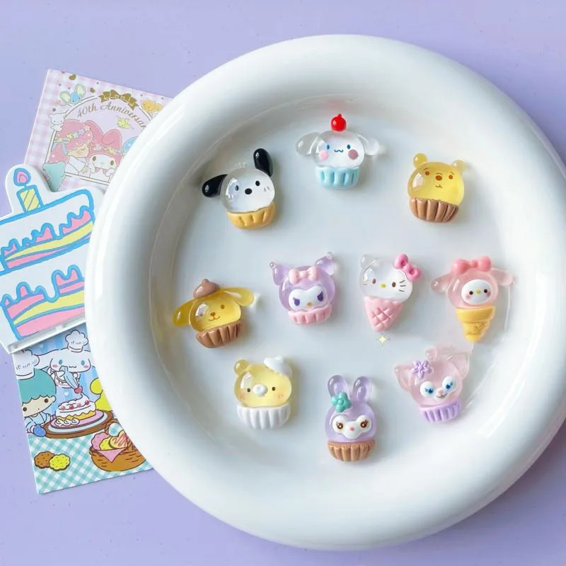 

10Pcs Sanrioed Kuromi Cinnamorll My Melody Pompom Purins Hello Kitty Pochacco Cartoon Diy Cake Cream Gel Hairpin Accessories