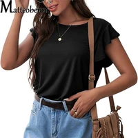 2022 new summer elegant womens solid color t shirts ladies loose lotus leaf sleeve casual top round neck pullover tees shirt