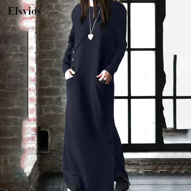 

Fashoin O Neck Pocket Maxi Dress Women Vintage Long Sleeve Loose Pullover Dress Casual Harajuku Solid Button Long Dress Vestidos