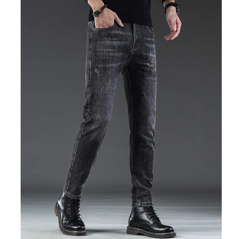 Men Clothing 2022 New Dark Grey Straight Plush and Thicken Jeans Self-cultivation Vintage Pencil Pants Women Autumn and Winter