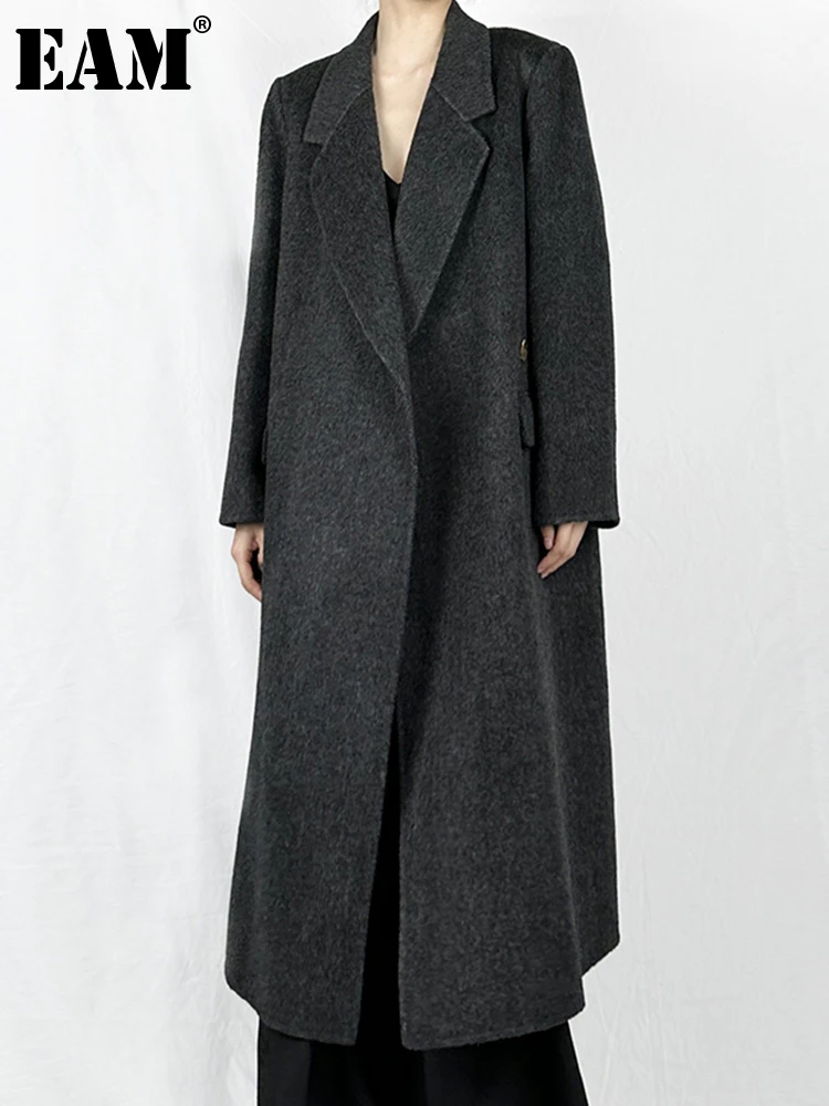 

[EAM] темно-серое Свободное длинное элегантное шерстяное пальто Новая женская куртка с отворотом и длинным рукавом модная осенне-зимняя 2023 1DH3098