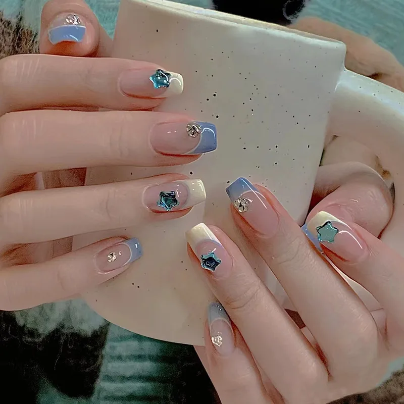 

24Pcs French Ballerina Short Square Nail Tips Blue Stars Design False Nails Wearable Fake Nails Simple Glitter Press on Nails