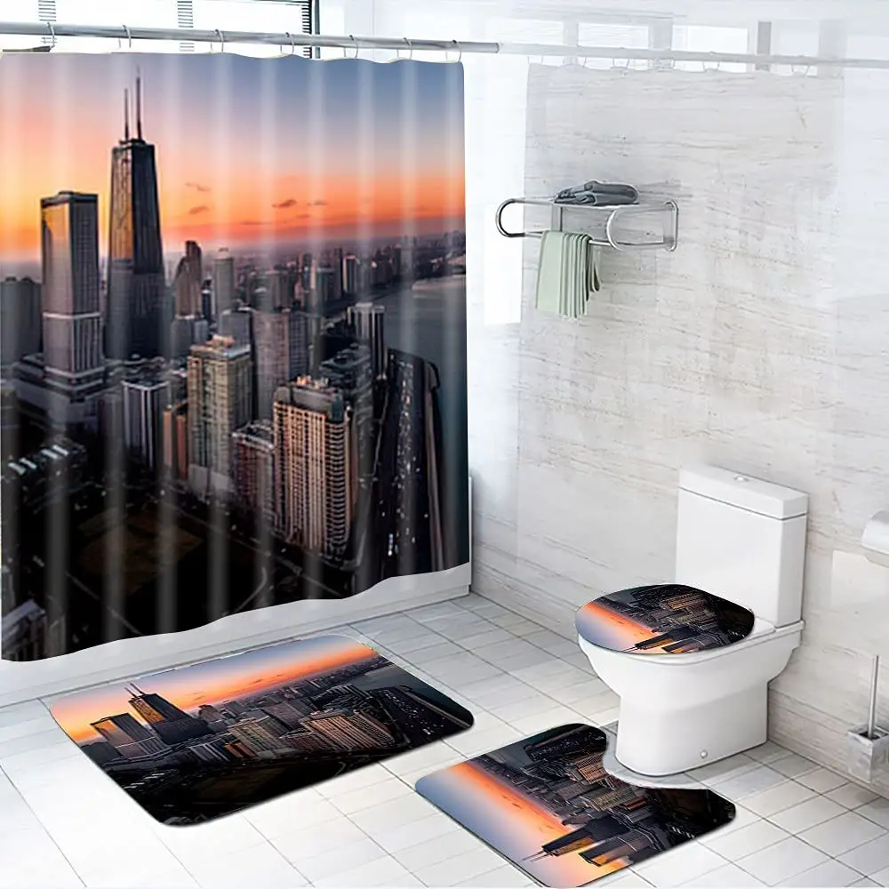 

Комплект занавесок для душа с принтом «воздушная Панорама» Чикаго, ковер, крышка для унитаза, коврик для ванной, наволочка, занавеска для ва...
