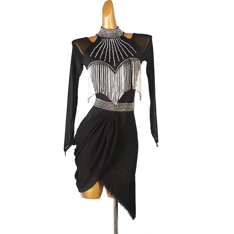

Sexy Black Latin Dance Competition Dress Tassel Fringe Dance Performance Costumes Women Rhinestone Dance Clothing
