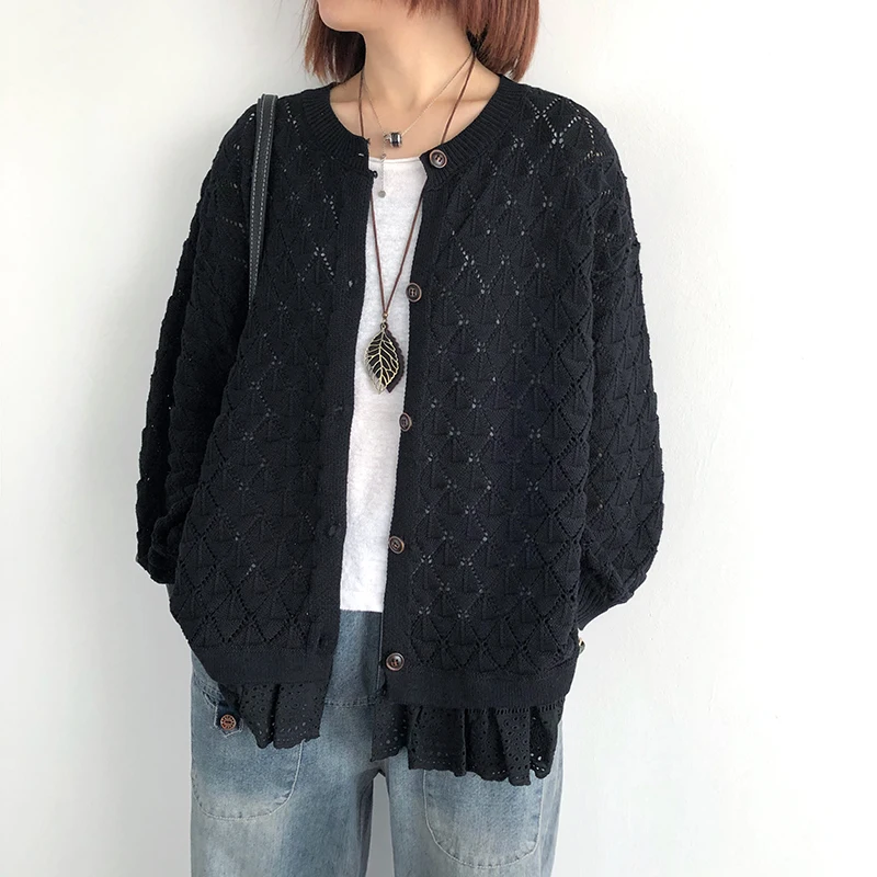 Ladies Knitted Cardigan Sweater Autumn New Loose Casual Thin Long Sleeve Retro Crochet Hollow Stitching Fake Two-Piece Jacket enlarge