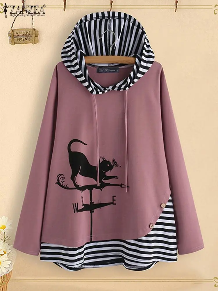 

Осень 2023, пуловер ZANZEA с длинным рукавом и принтом кошки, модные женские толстовки, свитшоты, повседневные свободные топы с капюшоном в полоску и пэчворком