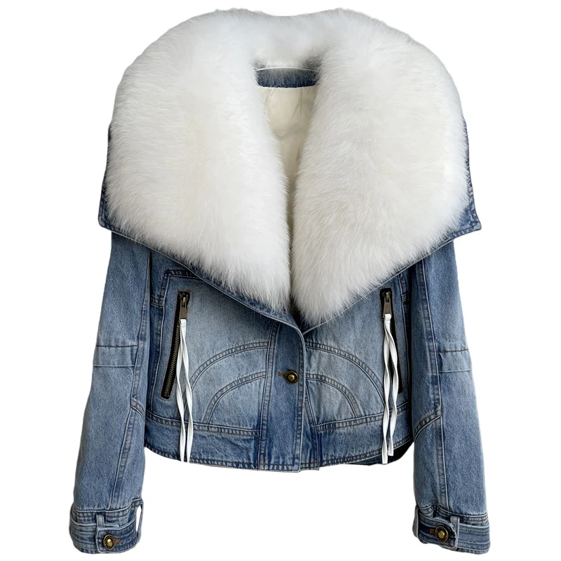 

European Goods Oversized Fox Fur Detachable Denim Fur Coat Women's Short Goose Down Jacket Niche Design Sense Parka