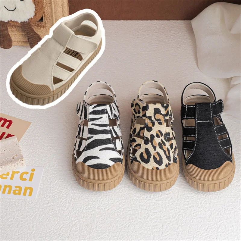 

Children Summer Spring Canvas Sandals Baby Cute Leopard Zebra Print Causal Shoes Boys Breathable Hook Closure Canvas