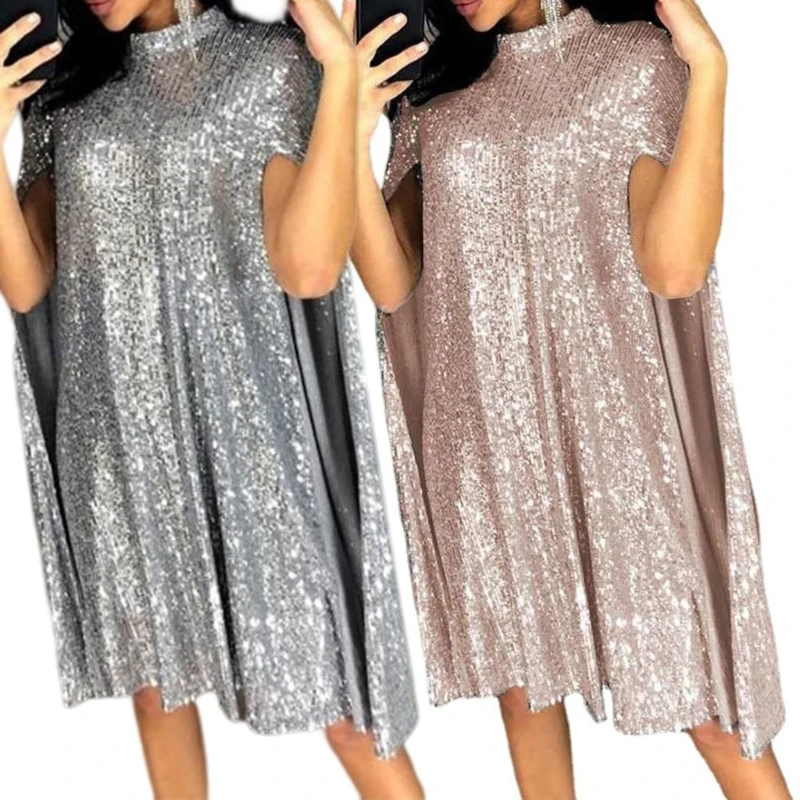

Womens Shiny Sequin Cloak Long Sleeve Mock Neck Pleated Swing Party Midi Dress