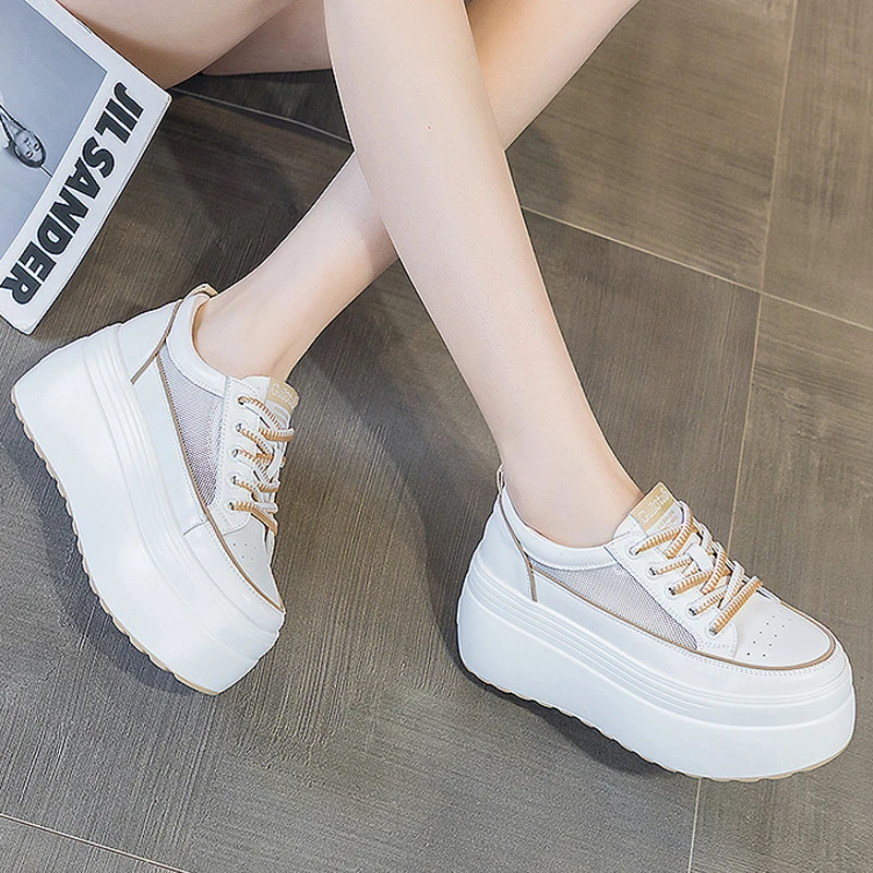 8cm Hollow Air Mesh Genuine Leather 2023 New Fashion Wedge Platform Breathable Concise Vulcanized Summer Ladies Chunky Sneakers