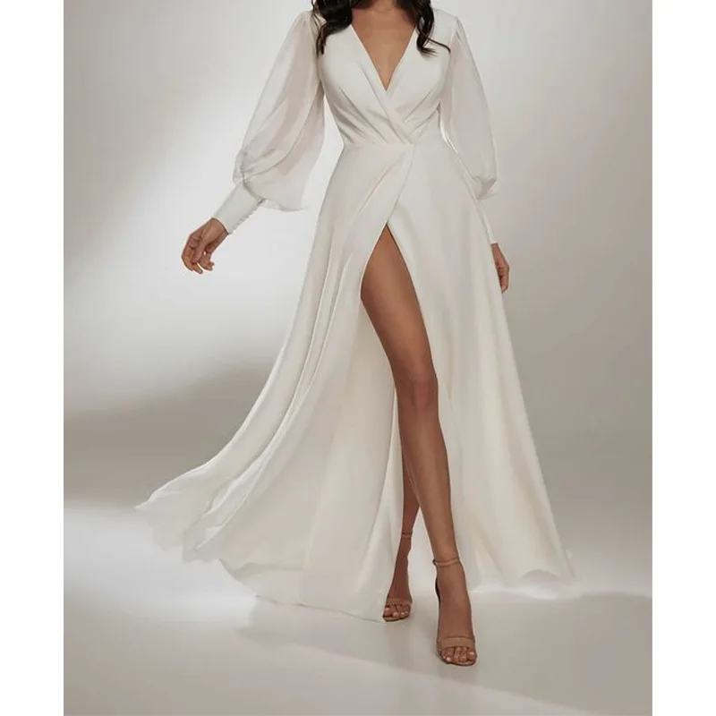 

2023 Women's V-neck high waist split catwalk dress white waist sexy dress