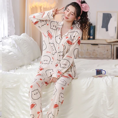 Yasuk Spring Autuum Fashion Women's Casual Print Pocket Sleepwear Homewear Cute Lovely Pajamas With Pants Soft Many Bear