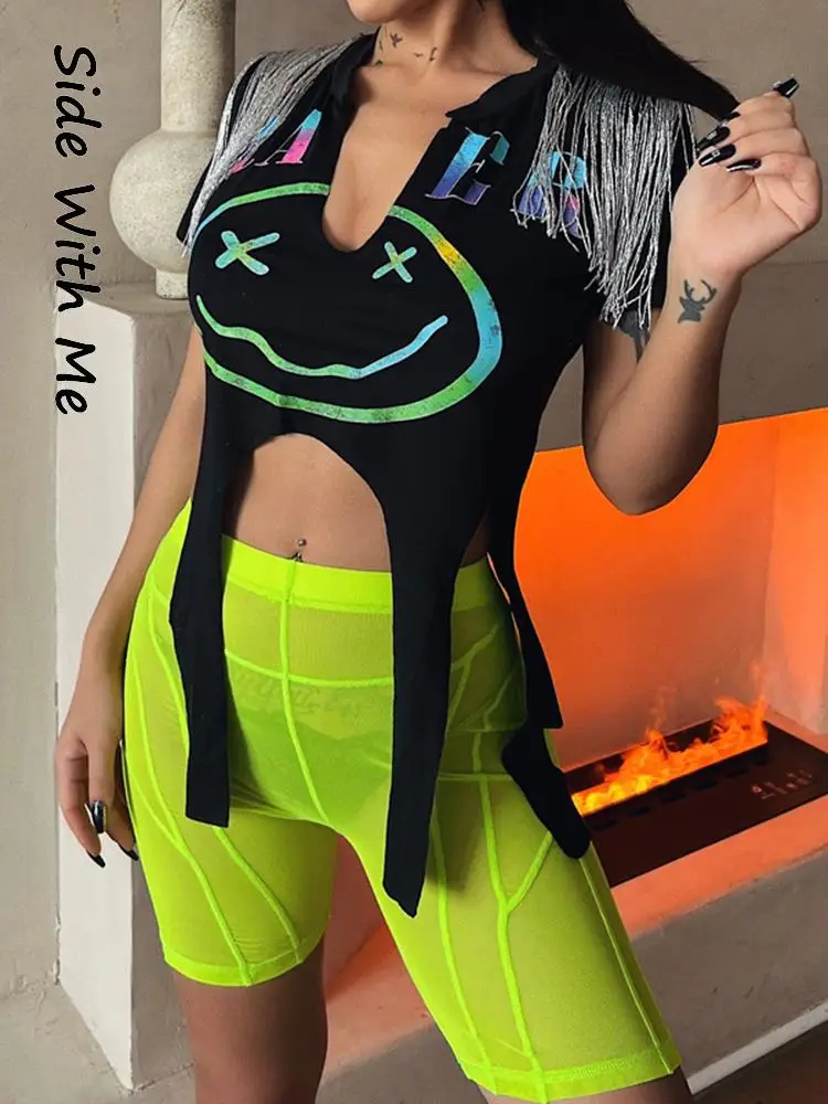 

Side with Me Mesh See Through Sexy Women's Summer Short Pants Suit Print Casual Party Club Two Piece Sets Womens Outfits 2022