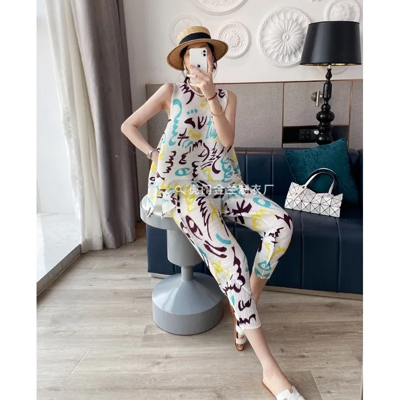 Плиссированные летние новые брюки с принтом Женский комплект из двух предметов