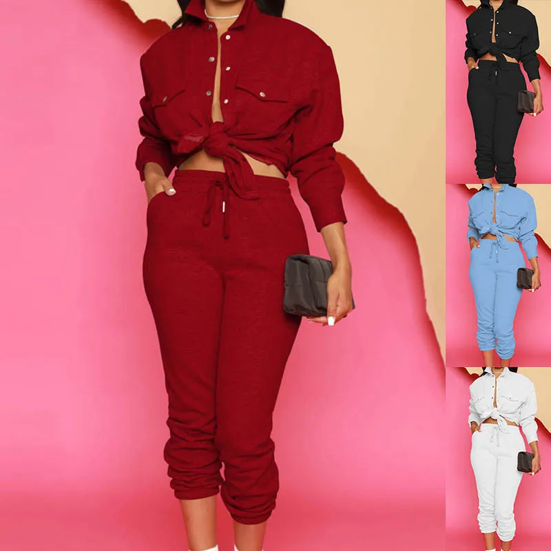 

2023 Women's Temperament Commuter Button Shirt Solid Elastic Pants Set