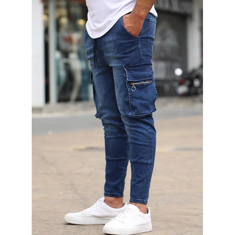 Men's Jeans Blue Stretch Multi-Pocket Zippers Denim Trousers Slim Fit Fashion Casual Pants Black Cargo Jeans Men