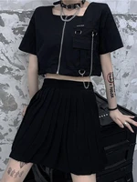 houzhou gothic black t shirts women crop top female techwear kpop grunge summer short sleeve t shirt with chain y2k streetwear