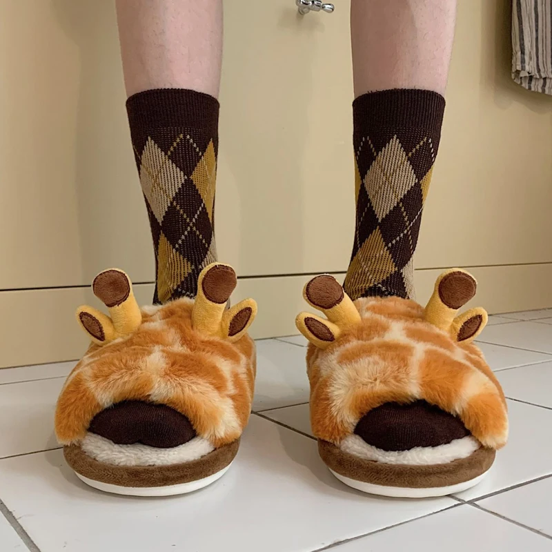 Женские домашние тапочки с жирафом зимние теплые хлопковые зимняя обувь на