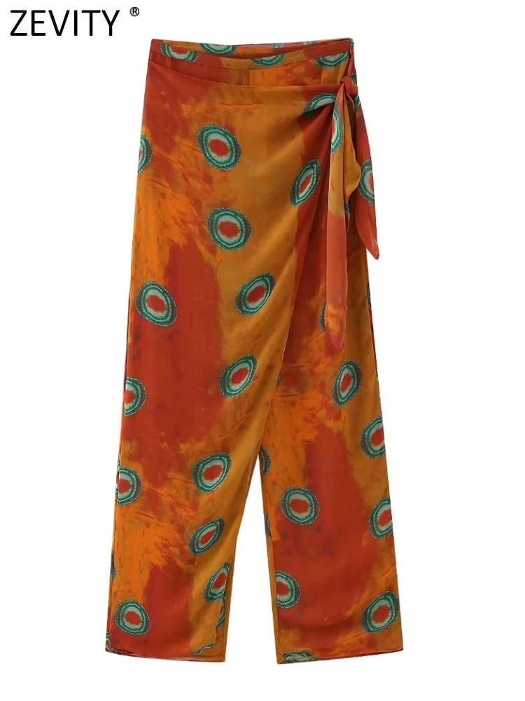 

Женские винтажные длинные брюки Zevity 2023 с цветочным принтом и боковым бантом, офисные женские шикарные повседневные облегающие брюки на молнии P4678