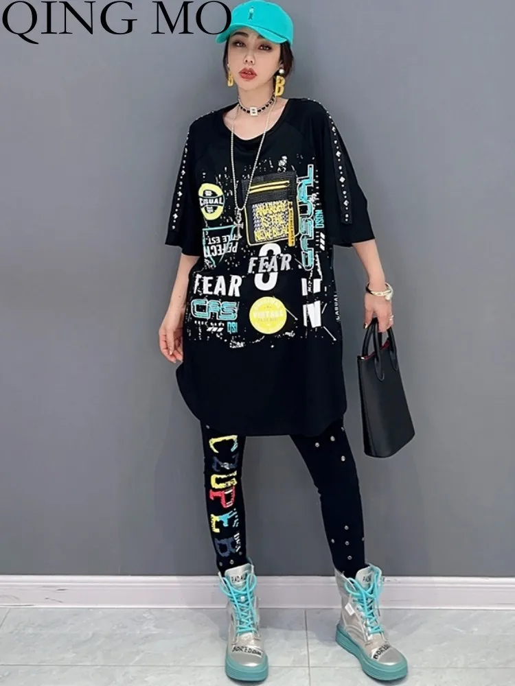 

QING MO 2023 Summer New Korean Style Casual Loose Top + Slim Fit Pants Two Piece Set Women Fashion Matching Set ZXF3050