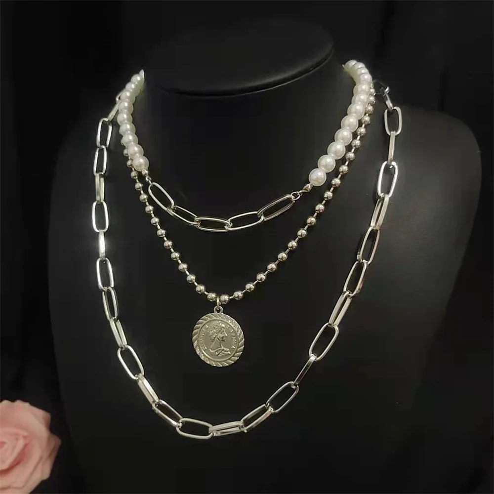 

Hip hop three-layer Necklace beauty head portrait pearl sweater chain detachable thick chain women's gift Jewelry