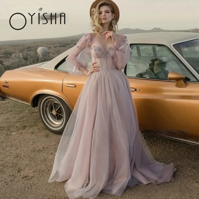 

OYISHA Charming Backless Wedding Dress 2023 Delicate Flower Applique Bridal Gowns Puff Sleeves A-Line Princess Vestidos De Noiva