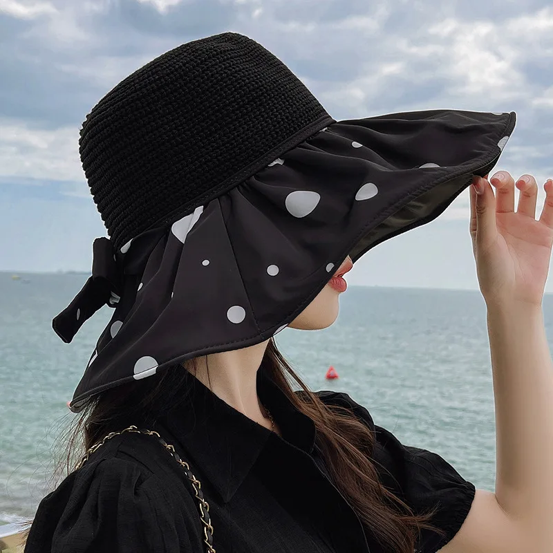 

Korean Lace Up Bow Fisherman Hat Ins Net Red Fashion Large Brim Basin Hat Women's Seaside Holiday Black Glue Sun Visor